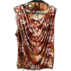 Worthington Woman's Stretch Sleeveless Feather Print Draped Front Blouse